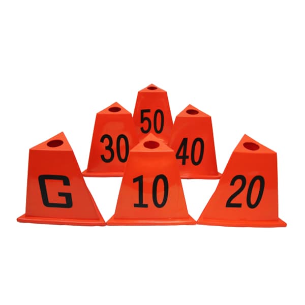 Coni numerati per l'agilità – Marcatori di allenamento arancioni brillanti con etichette graduate da G a 10-50 / In PVC sicuro e resistente per calcio, football americano e allenamenti di velocità
